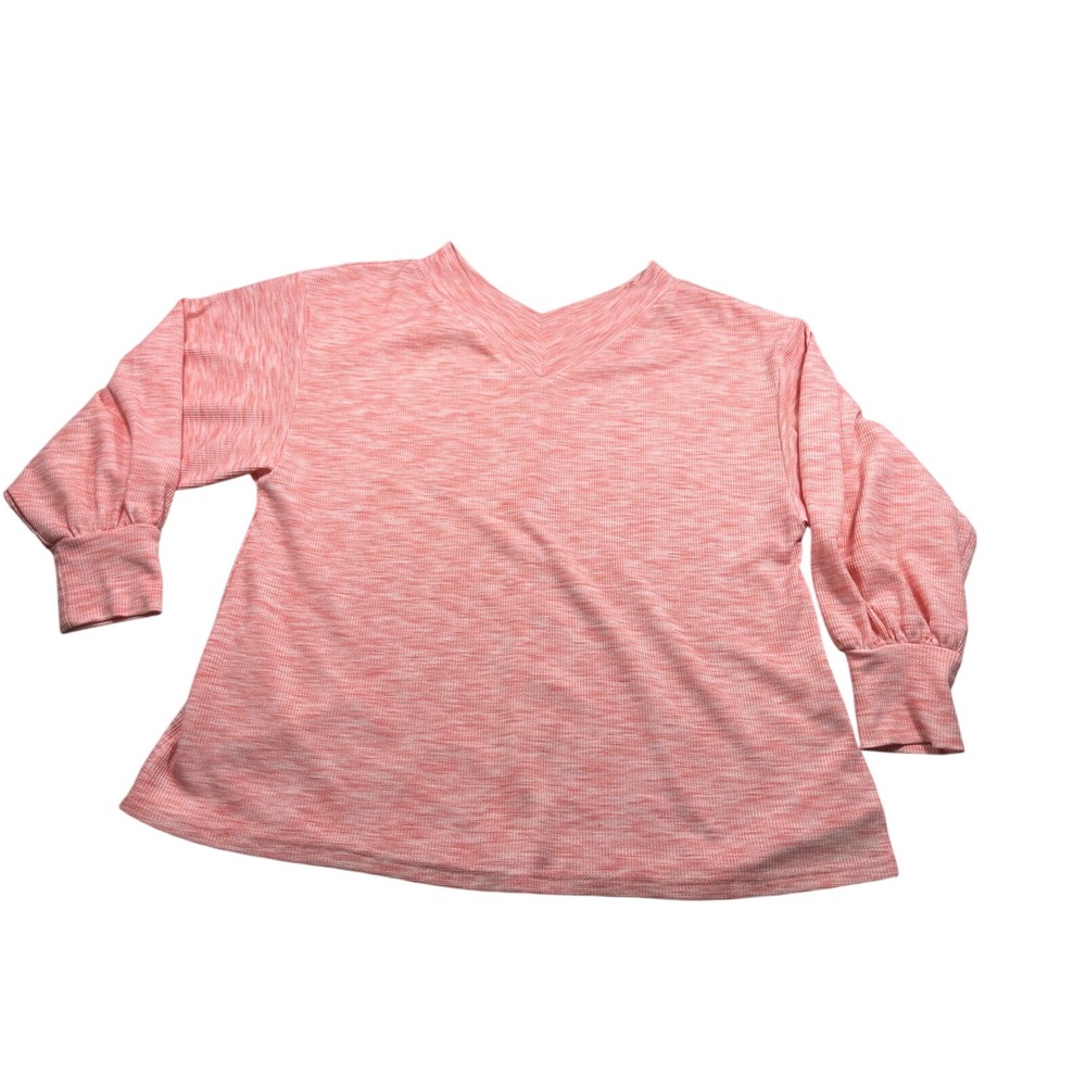 Davi & Dani Womens Large Coral Marled Knit Top Balloon Sleeve V Neck Pullover